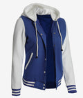 Women’s Royal Blue Hooded Varsity Jacket with striped cuffs