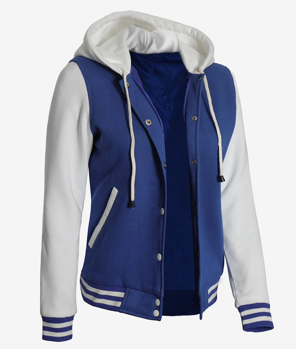 Women’s Royal Blue Hooded Varsity Jacket with striped cuffs