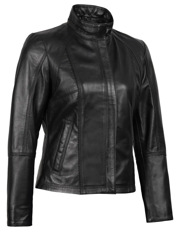 Women’s Slim Fit Black Leather Jacket Side Angle