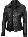 Slim fit black trucker leather jacket for women