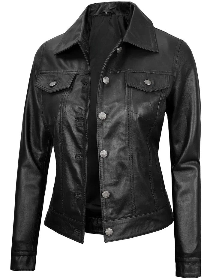 Slim fit black trucker leather jacket for women
