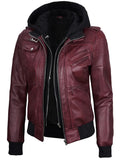 Women’s slim fit maroon leather jacket with hoodie – front angled view