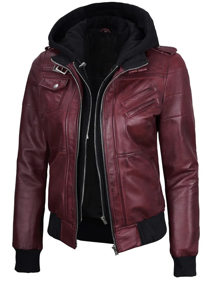 Women’s slim fit maroon leather jacket with hoodie – front angled view