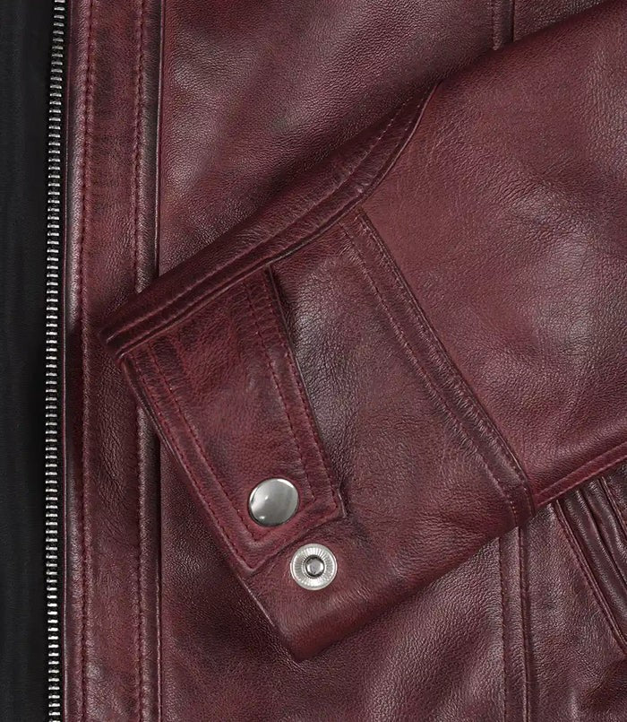 womens-stylish-maroon-biker-jacket-zipper button
