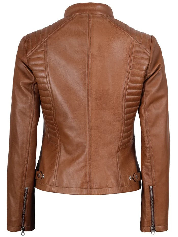 Women’s tan biker leather jacket front view