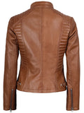 Back view of slim fit tan leather jacket for women