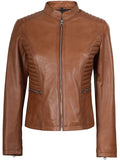Women’s tan biker leather jacket front view