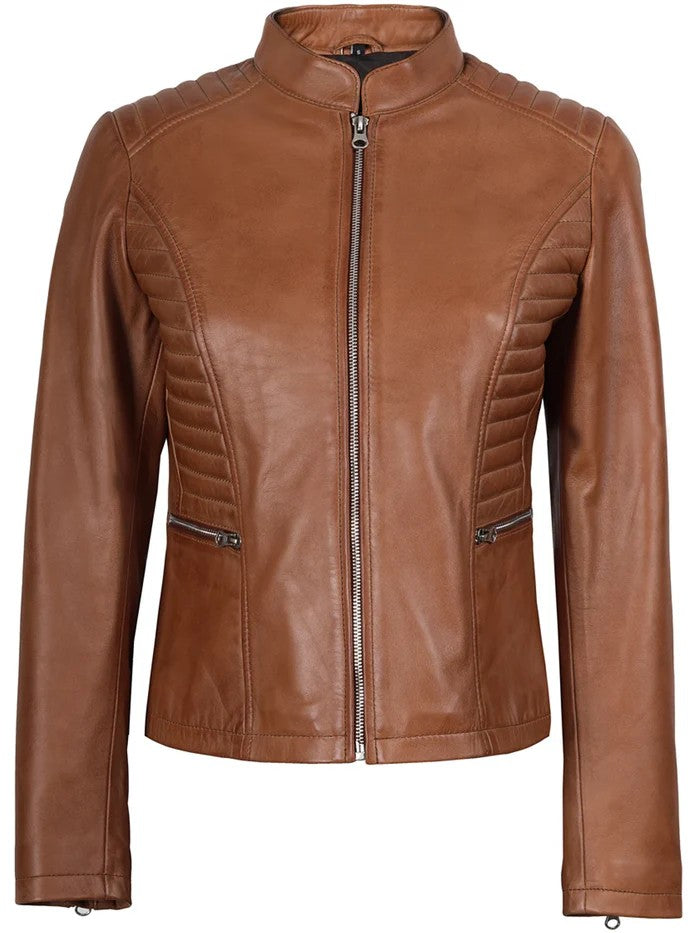 Women’s tan biker leather jacket front view