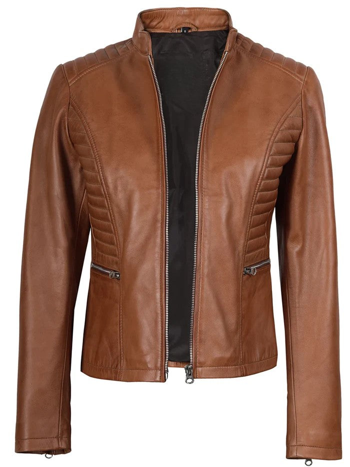 Women’s tan biker leather jacket front view