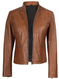 Women’s tan biker leather jacket front view