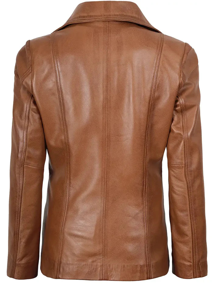 Women’s tan brown leather blazer – two-button slim fit front view