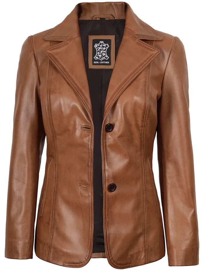 Women’s tan brown leather blazer – two-button slim fit front view