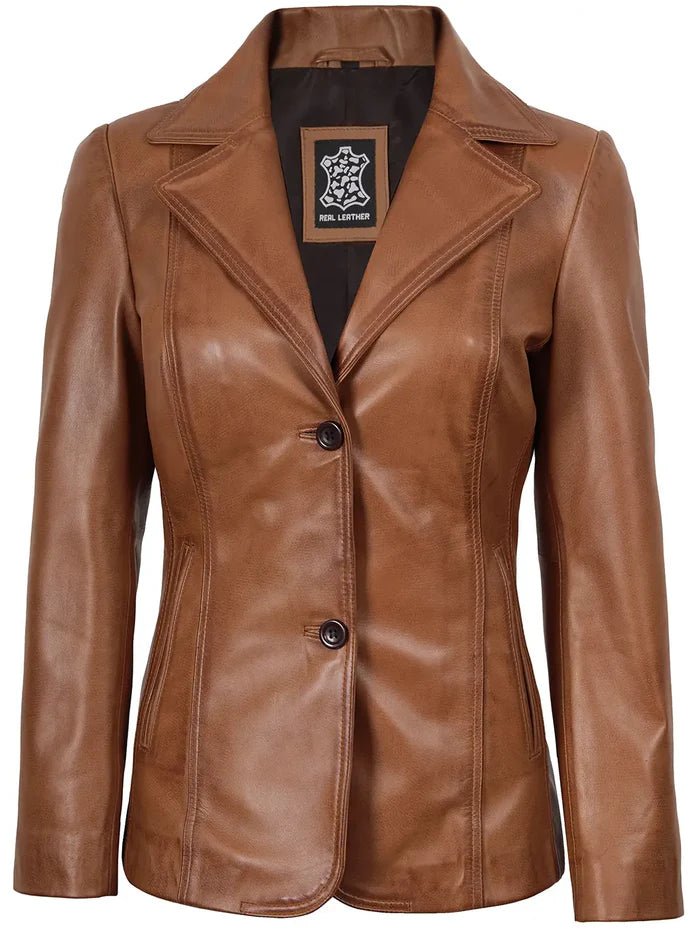 Women’s Tan Brown Leather Blazer – Slim Fit Two - Button Jacket | Livra Jackets – Genuine Leather Jacket | Livra Jackets