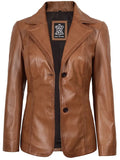 Women’s Tan Brown Leather Blazer – Slim Fit Two - Button Jacket | Livra Jackets – Genuine Leather Jacket | Livra Jackets