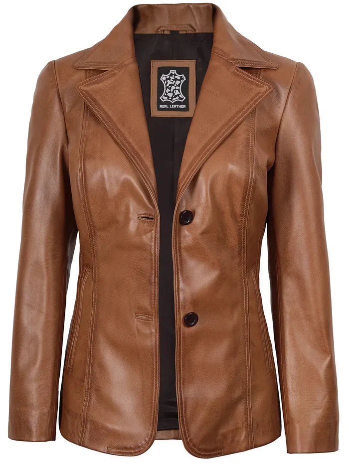 Women’s Tan Brown Leather Blazer – Slim Fit Two - Button Jacket | Livra Jackets – Genuine Leather Jacket | Livra Jackets