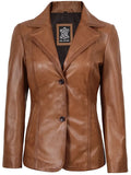 Women’s tan brown leather blazer – two-button design with lapel