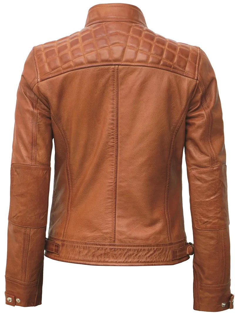 Women’s Tan Café Racer Leather Jacket Front View