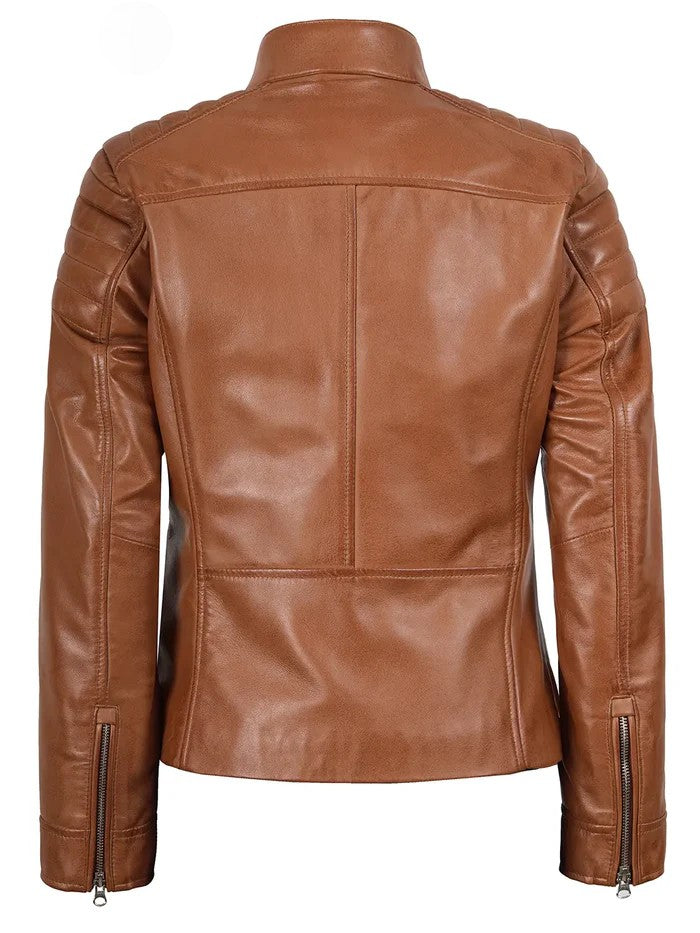 Women’s Tan Café Racer Leather Jacket Front View