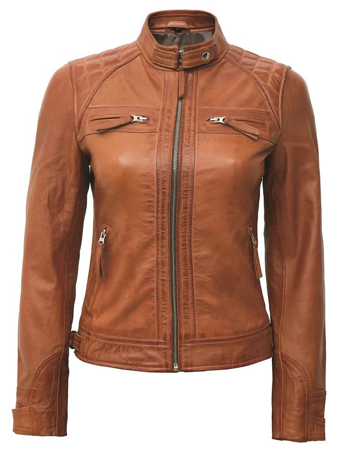 Women’s Tan Café Racer Leather Jacket Front View