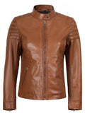 Women’s Tan Café Racer Leather Jacket Front View