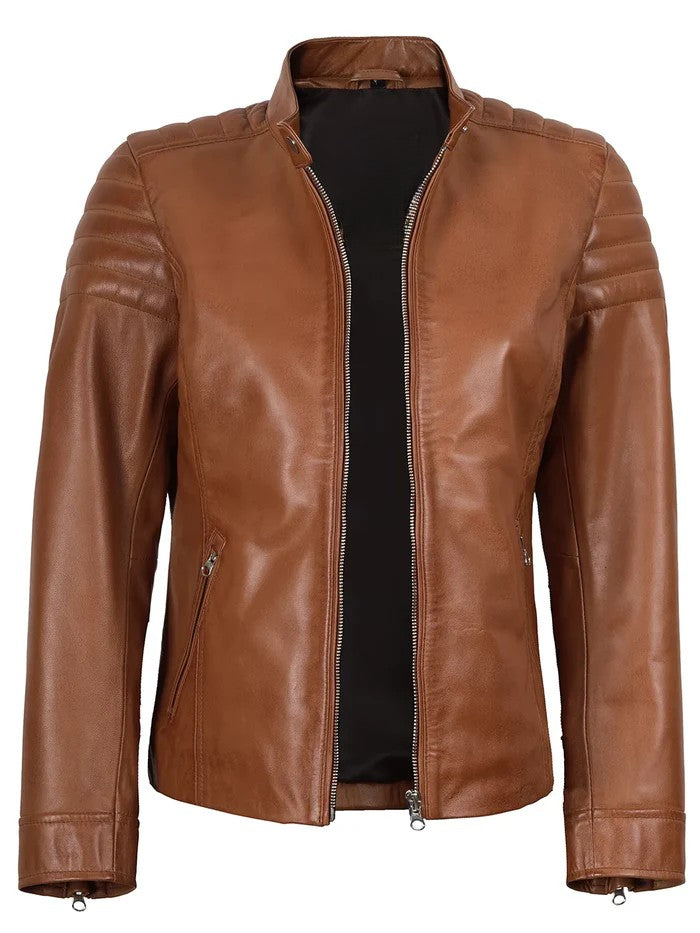 Women’s Tan Café Racer Leather Jacket Front View