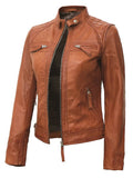 Women’s Tan Café Racer Leather Jacket – Quilted Shoulder Real Leather | Livra Jackets – Genuine Leather Jacket | Livra Jackets