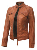 Side View of Women’s Tan Real Leather Café Racer Jacket