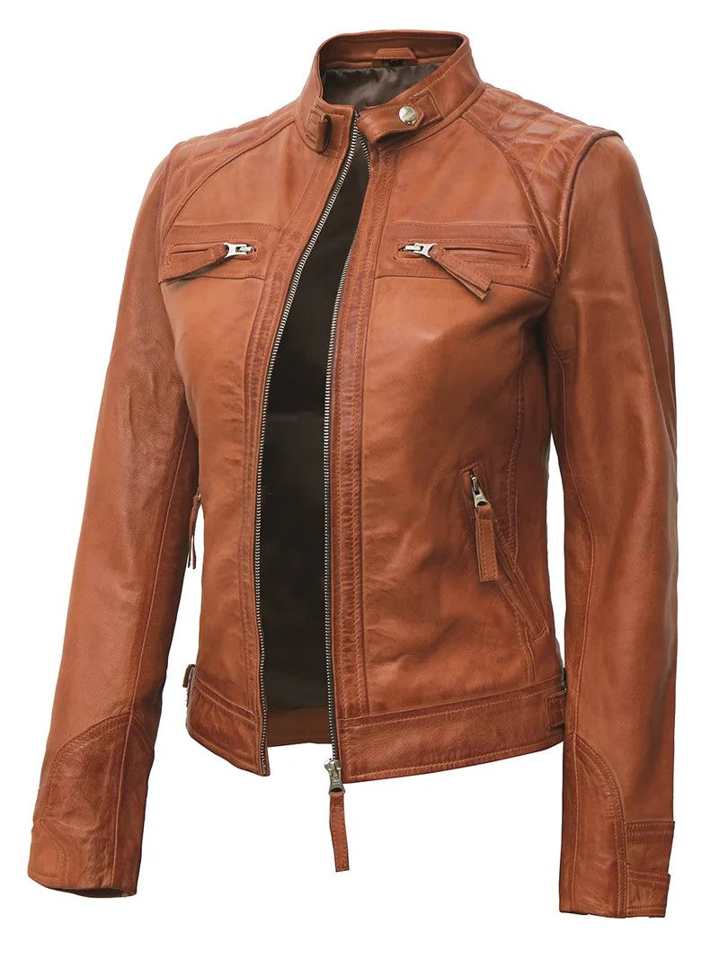 Side View of Women’s Tan Real Leather Café Racer Jacket